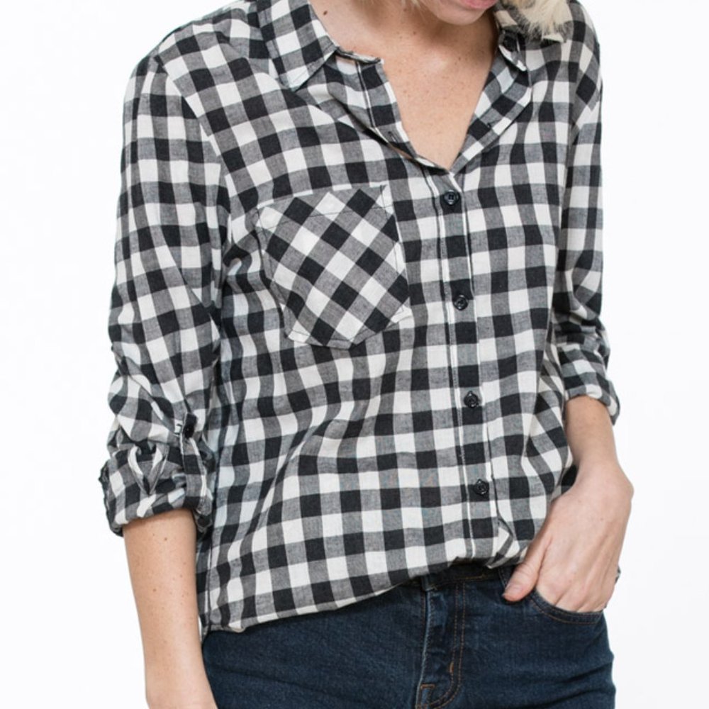 BOY FRIEND SHIRTS WITH ROLL UP SLEEVE BLACK PLAID